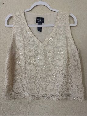 Large Cream Lace Sequin V-Neck Tank
